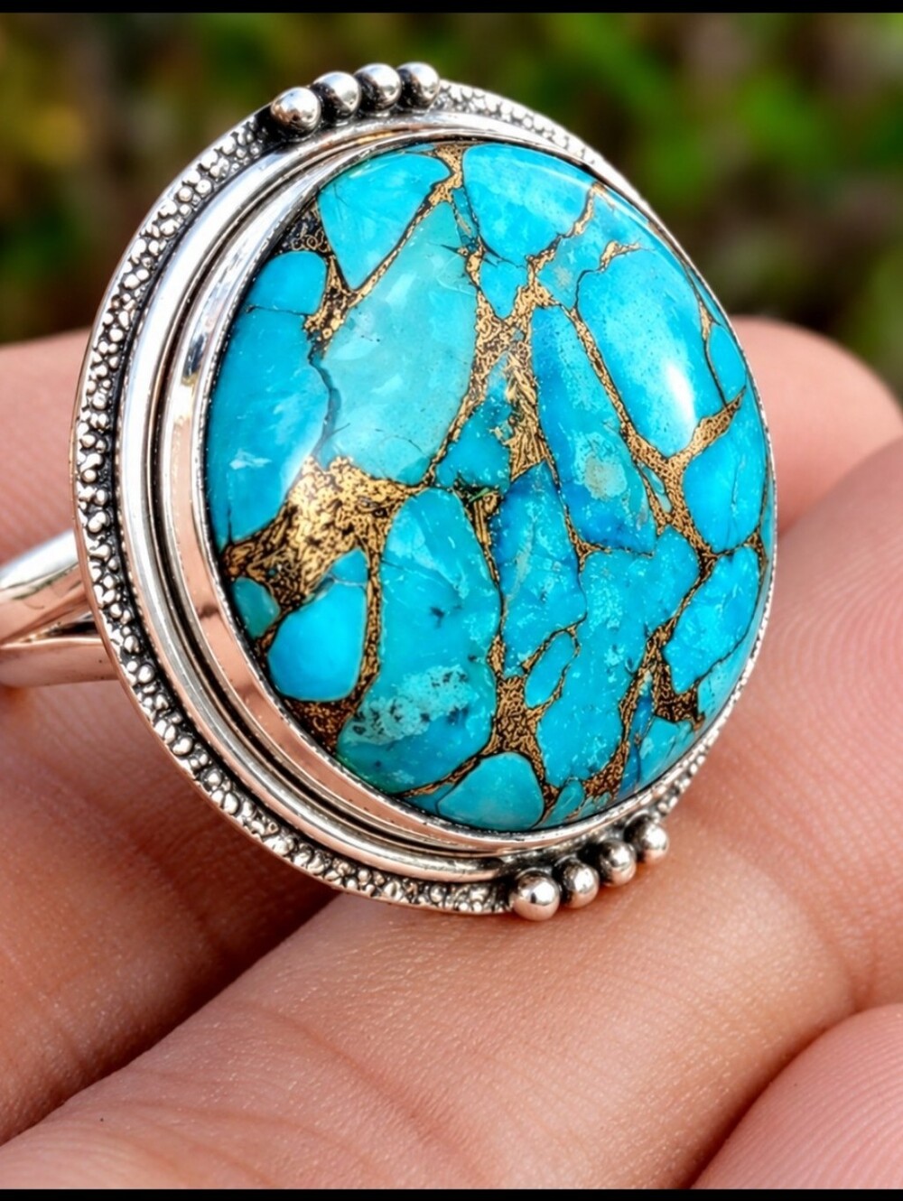 Turquoise Statement Ring with Gold Vein Accent - Women Jewelry